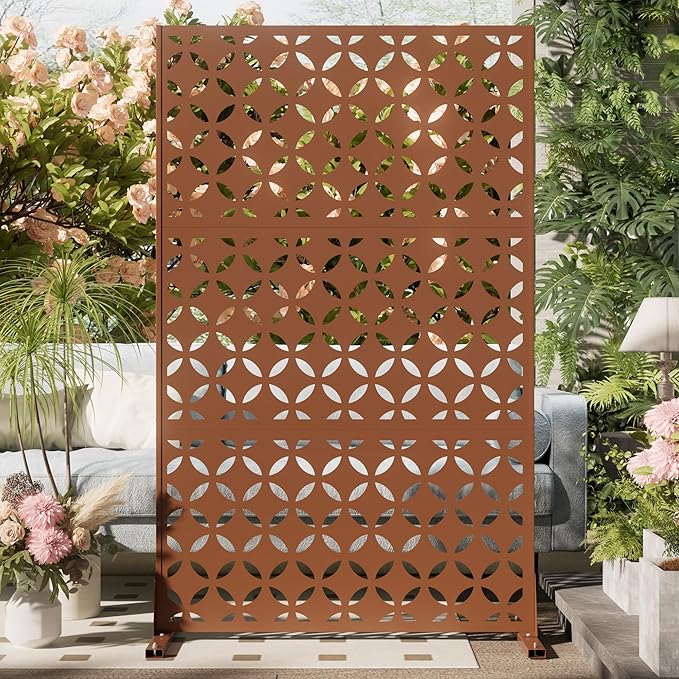 Metal Privacy Screen Outdoor 72 H×44 W -Brown Freestanding Outdoor Privacy Panels with Stand Decorative Fence for Patio Deck Balcony（Clover）