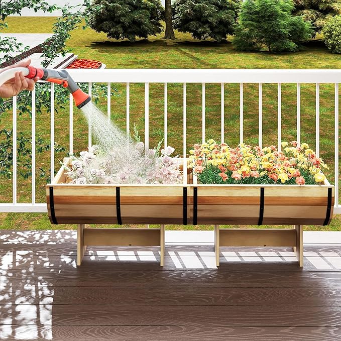 Giantex Half Barrel Raised Garden Bed Acacia Wood Planter Box for Flower Vegetable Fruit Outdoor Indoor Plant Pot with Legs for Garden Decoration18x12x11.5