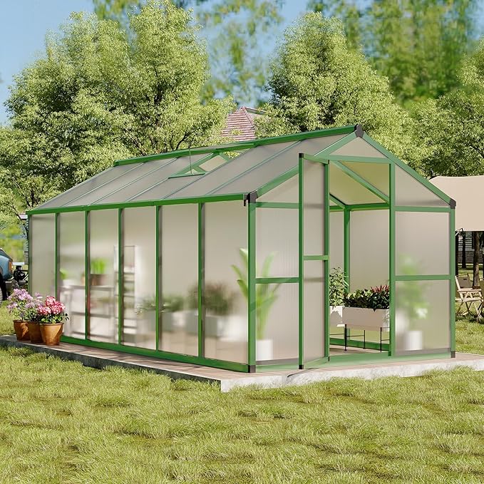 8x10 FT Greenhouse Greenhouses for Outside Polycarbonate Greenhouse with Aluminum Frame Lockable Door and Ajustable Roof Vent for Backyard Green Houses for Outside Garden Backyard Patio