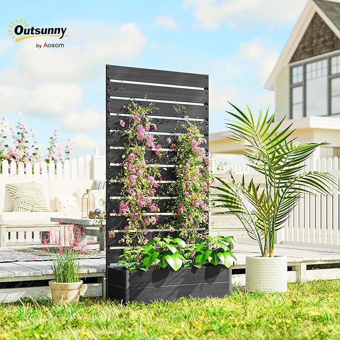 Outsunny Raised Garden Bed with Trellis for Climbing Plants Planter Box with Self Draining Gap Freestanding Trellis Planter for Outdoor Patio Deck 35.75 x 15 x 70.75 Black