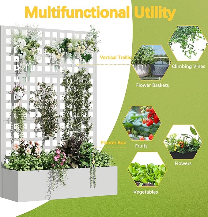 Metal Planter Box with Trellis 71x 47x 16 Raised Garden Bed with Trellis Planter Box Trellis with Privacy Screen and Drainage Holes White
