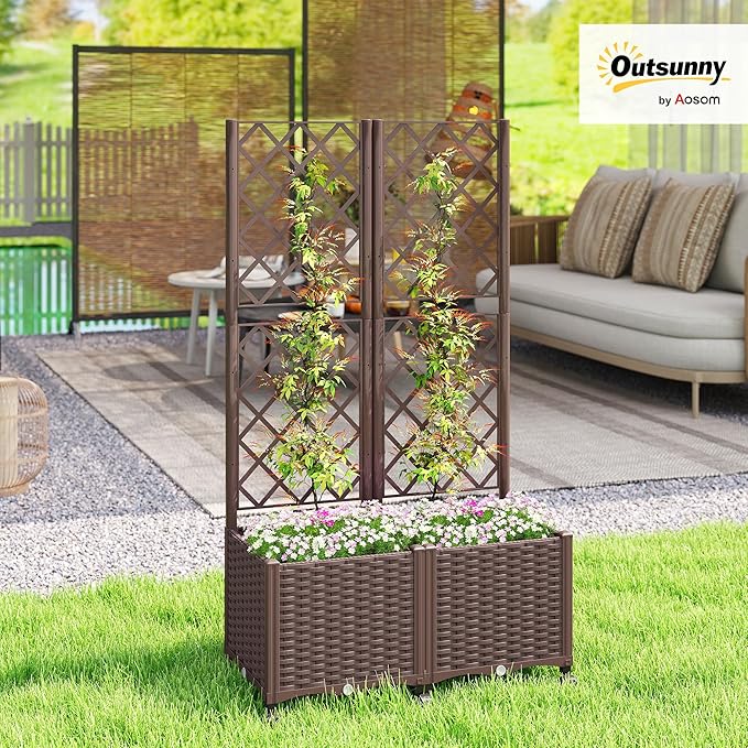 Outsunny Planter Box with Trellis Self Watering Raised Garden Bed with Lockable Wheels 56.3 Trellis Privacy Planter with Drainage Holes for Climbing Plants Vines Vegetables Flowers Brown