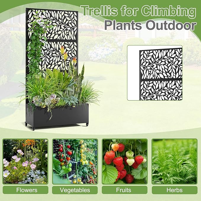 Raised Garden Bed with Trellis and Wheels73x35x16 Metal Raised Garden BedBlack Flowing Leaf-2 Metal Planter with Climbing Trellis for Vines &amp Vegetables