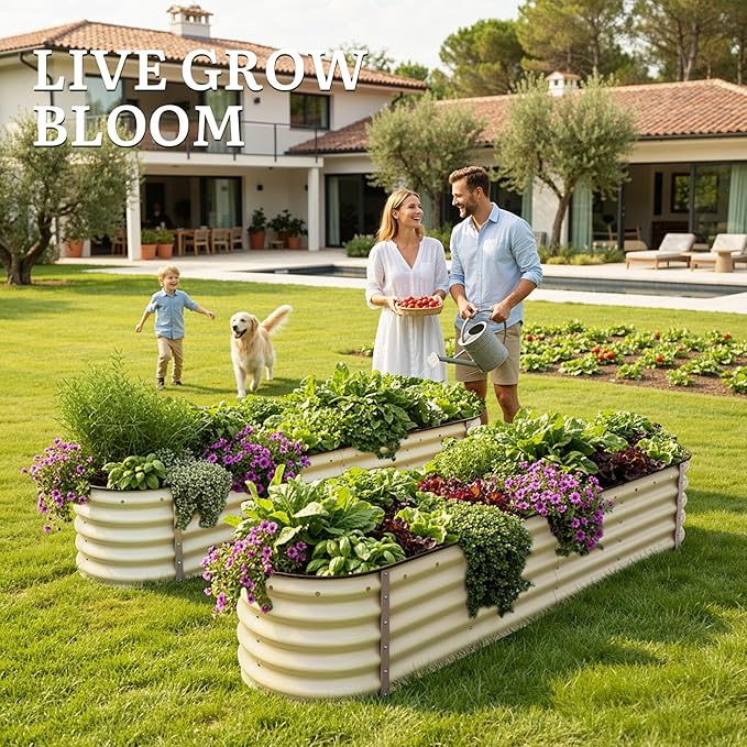 YITAHOME 17 Tall 9 in 1 Large Raised Garden Bed Kit 8x2x1.4ft Galvanized Metal Planter Box with Gloves &amp Safety Rubber Outdoor Above Ground Planters for Plants Vegetables Flowers White