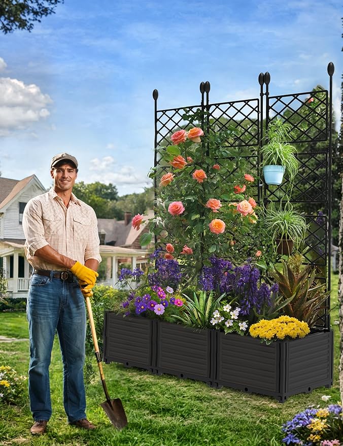 3 PCS Plastic Planter with Metal Trellis 48.8 in Privacy Screen &amp Garden Bed for Climbing Plants Freestanding Raised Box for Patio Balcony &amp Small Outdoor Spaces