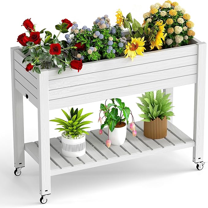 21 Gallon Raised Garden Bed with Legs and Wheels Self-Watering Raised Planter Box with Drainage Plug and Gauge Lower Shelf for Tools and Accessories Dust-Proof Resin for Patio and Backyard