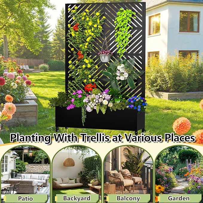 Metal Planter Box with Trellis 72.1x47.2x16 Outdoor Galvanized Raised Garden Bed with Privacy Screen &amp Drainage Holes &amp Lockable Casters for Climbing Plants Vegetable (Arrow-Black1)