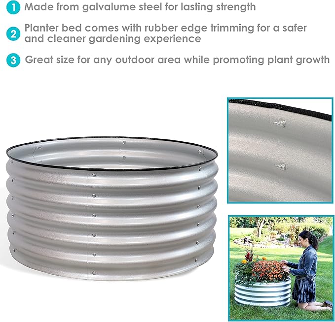 Sunnydaze 35.5-Inch Round Metal Raised Garden Bed - Galvalume Steel Garden Bed with Rubber Edge Trim - Silver