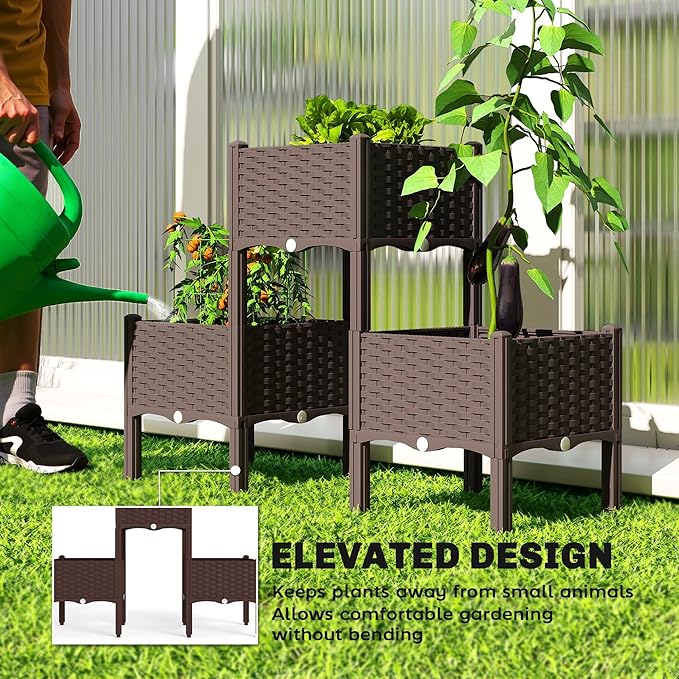 Outsunny Plastic Raised Garden Bed with Legs Self Watering Elevated Planter Boxes with Drainage Holes and Plugs Easy Assembly Outdoor Planter Box for Patio Yard Balcony Vegetables Flowers Herbs