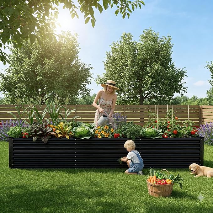 12x2x2ft Raised Garden Beds Outdoor Kit Galvanized Planter Garden Boxes Outdoor Metal Raised Garden Beds for VegetablesFruitsHerbFlowerBlack