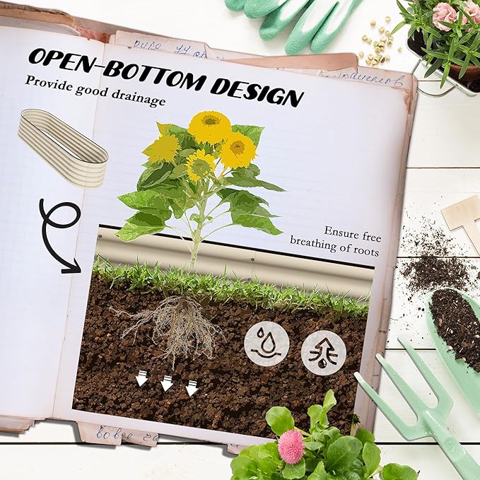 6.5' x 2' x 1.4' Galvanized Raised Garden Bed Kit Outdoor Metal Elevated Planter Box with Safety Edging Easy DIY Stock Tank for Growing Flowers Herbs Vegetables Cream