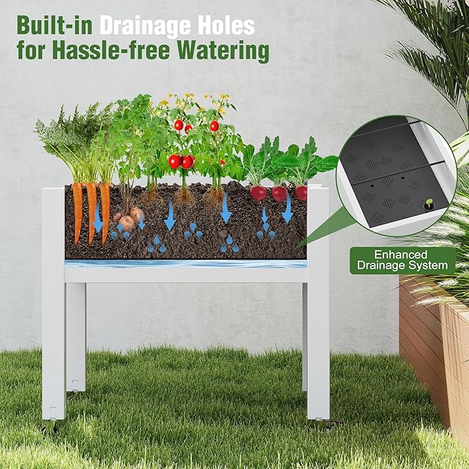 Raised Garden Bed with Legs 26.3 Tall Elevated Planter Box with Drainage Holes Water Gauge Lockable Wheels Weatherproof Resin Design for Vegetables and Flowers for Backyard Patio Balcony(White)