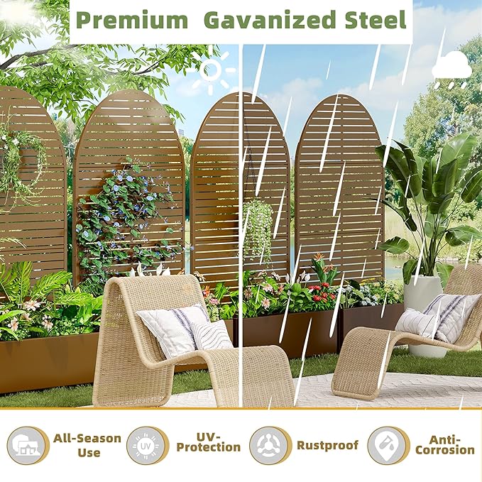 Casaphoria Metal Raised Garden Bed with Trellis and Wheels 72x47x16 Arched Planter Box for Climbing Plants Vegetables &amp Vines Features Drainage Holes and Privacy Screen (Brown-Louvered)