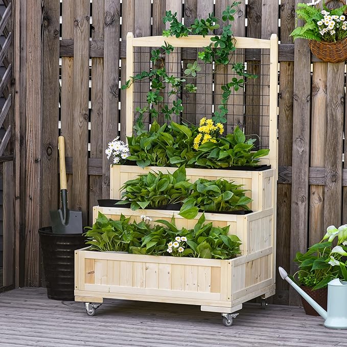 3 Tiers Raised Garden Bed with Trellis 53 H Vertical Planter Box with Wheels Back Storage Area for Flowers Vegetables Herbs Natural