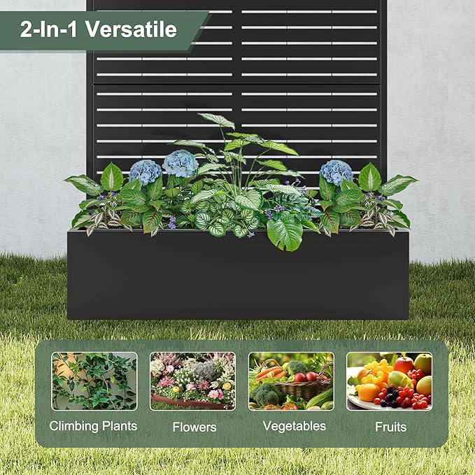 Metal Planter Box with Trellis Large Raised Garden Beds with Trellis for Climbing Vegetables Plants Privacy Screen Planter Box with Drainage Holes for Patio (47L×16W×71H Black Blinds)