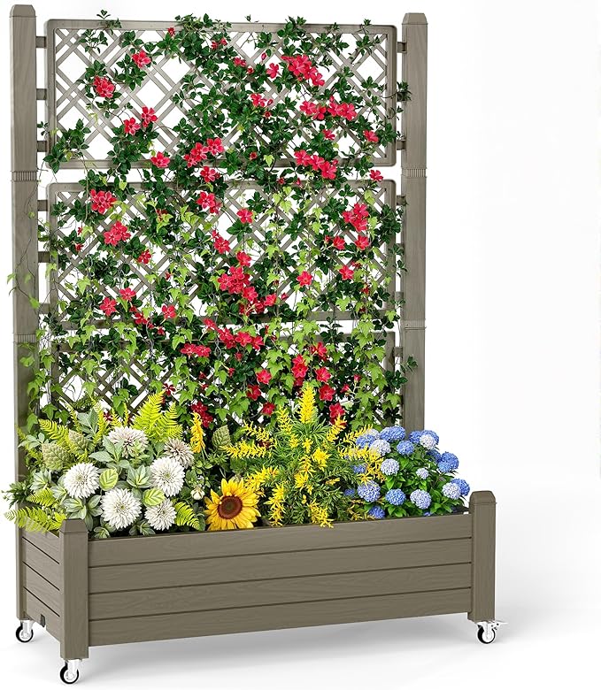Elevated Raised Garden Bed with TrellisOutdoor Large Resin Patio Planter Box with Lockable Wheels Drain PlugWater Monitor for Plants Vegetables Flowers Fruits (Grey 43.43 * 18.27 * 64.29)
