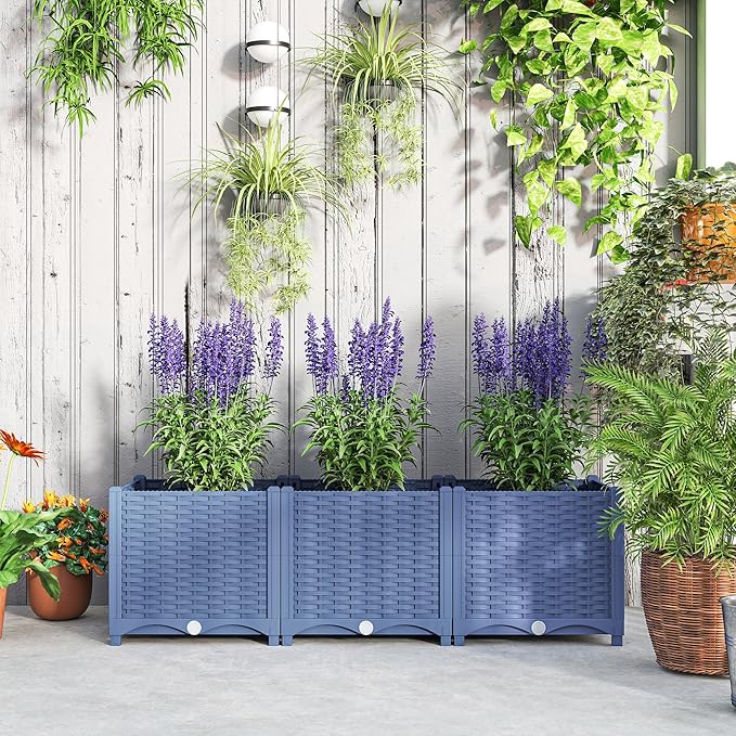 Outsunny 4 x 1 x 1 ft Raised Garden Bed Indoor Outdoor Plastic Planter Box with Drainage Holes Drain Plugs and Water Reservoirs for Vegetables Herbs Flowers &amp Succulents Blue
