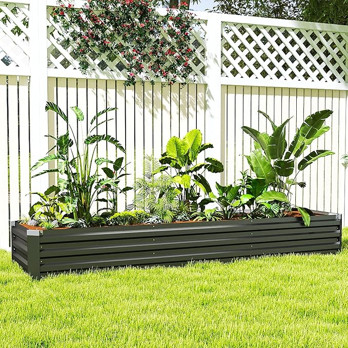 Outsunny 8 x 2 x 1ft Galvanized Raised Garden Bed Kit Outdoor Metal Elevated Planter Box with Safety Edging Large Raised Bed for Growing Flowers Herbs and Vegetables Dark Gray