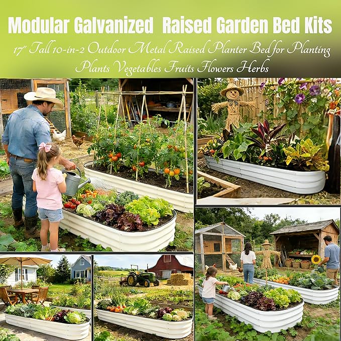 NestNature Modular Galvanized Raised Garden Bed Kits 17 Tall 10-in-2 Outdoor Metal Raised Planter Bed for Planting Plants Vegetables Fruits Flowers Herbs Gardening Ground Planter Box-White