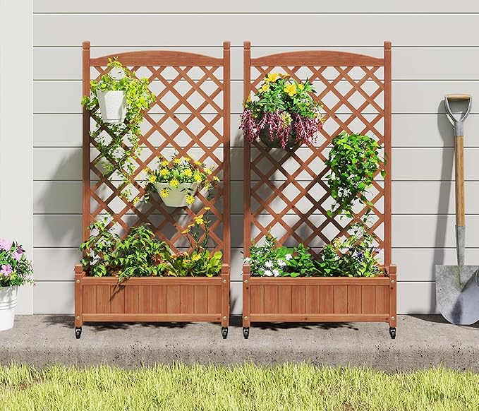 Raised Garden Bed with Trellis Set of 2 Outdoor Wood Planter Box &amp Plant Stand with Climbing Racks