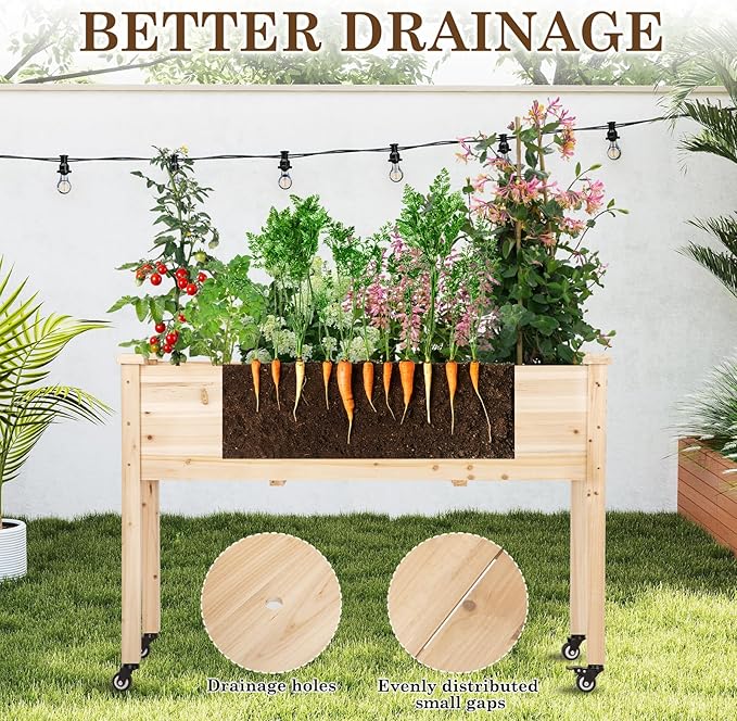 Raised Garden Bed with Lockable Wheels 48x24x32 inch Elevated Wood Planter with Protective Liner for Vegetable Flower Herb Outdoor Balcony Patio Backyard Natural