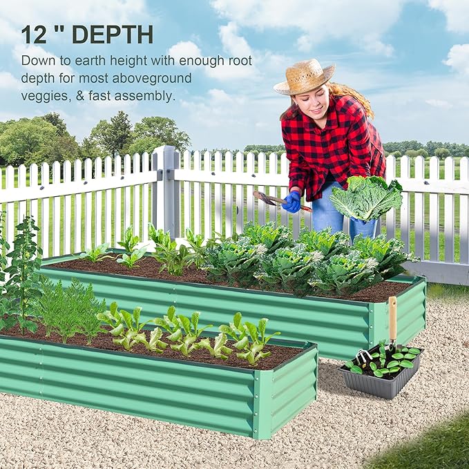 Domi Galvanized Raised Garden Bed 8x4x1Ft Thickening Metal Planter Box for Vegetables Bottomless for Backyard Outdoor 1 Deep w/ 228 Gallon Capacity - Green