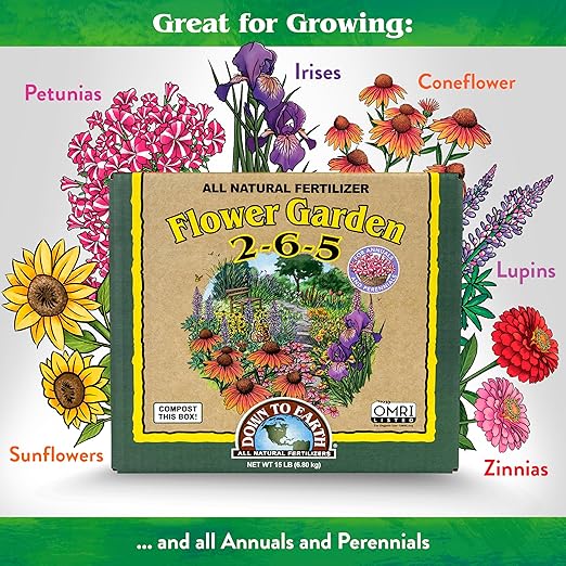 Down To Earth All Natural Fertilizers Organic Flower Garden - Plant Food for Blooming Annuals Perennials and Flowering Shrubs 2-6-5 15 lb