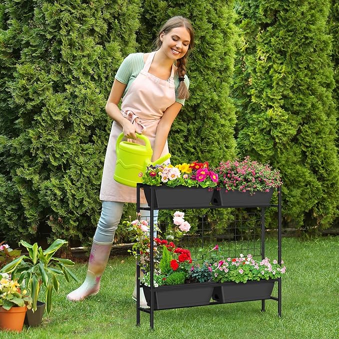 OYEAL Raised Garden Bed with Legs &amp Trellis 32 Tall Vertical Garden Planter Boxes Outdoor Flower Bed for Gardening Vegetables Flowers Herbs Backyard Grey