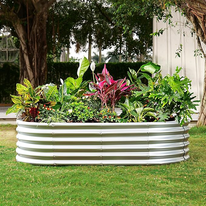 Land Guard Galvanized Metal Raised Garden Bed Kit 8x4x1.5ft Large Planter Boxes Outdoor Oval Gardening Box Patio Garden Planter Box for Vegetables (Silver)