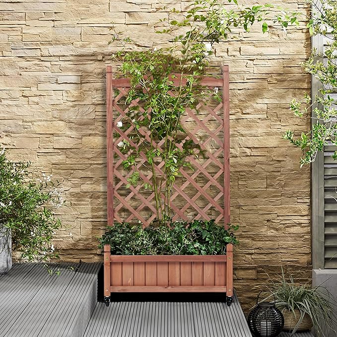 Raised Garden Bed with Trellies 2 Pack Outdoor Wooden Planter Box for Climbing Plants Vegetables Herb Growing