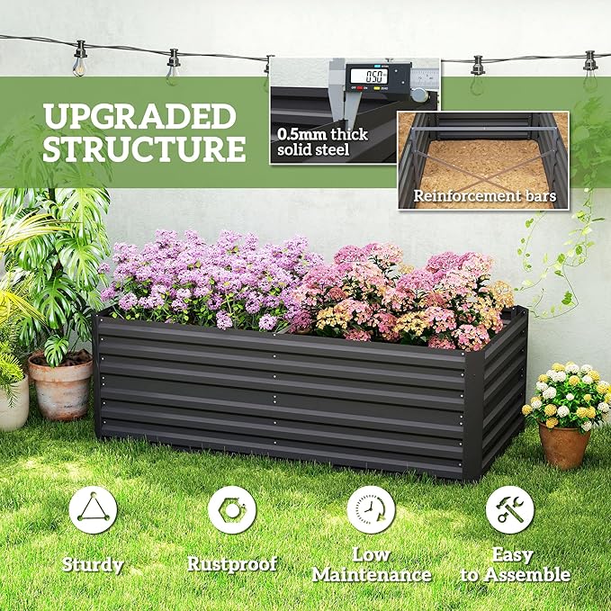 Outsunny Galvanized Raised Garden Bed Kit Large and Tall Metal Planter Box with Reinforcing Bars for Vegetables Flowers and Herbs 6' x 3' x 2' Black
