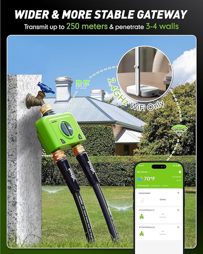 RAINPOINT WiFi Water Timer for Garden Hose 2 Zone WiFi Sprinkler Controller Smart Hose Timer Valve Automatic Drip Irrigation System/Rain Delay for Garden/Lawn (Brass Inlet &amp Outlet WiFi Gatewa