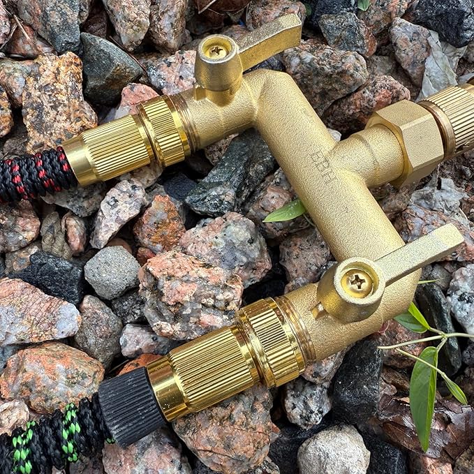 EBH Garden Hose Splitter Full Flow Outdoor Faucet Splitter 2-Way High Flow Brass Heavy Duty Hose Splitter with Long Metal Handle。