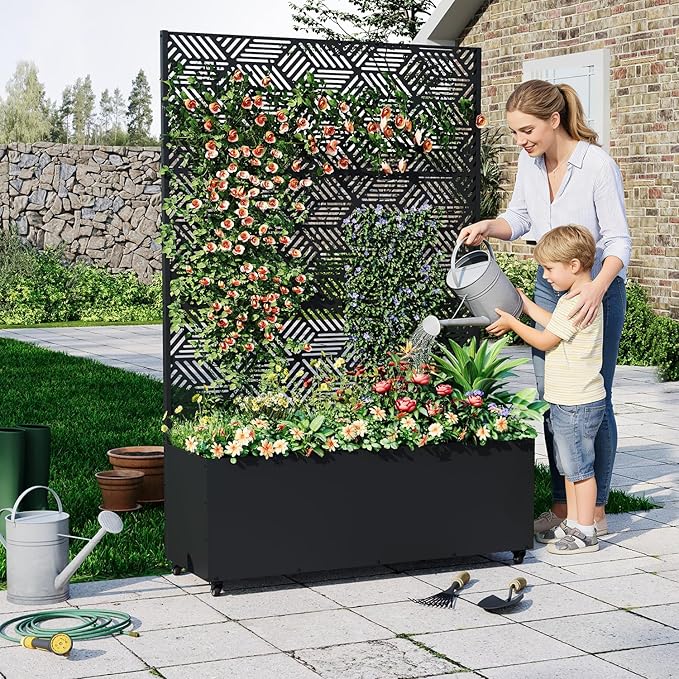 Metal Planter Box with Trellis 47X16X71 Raised Garden Bed w/Wheels Galvanized Metal Privacy Screen for Climbing Plants Vegetables Vines Patio Planters with Drainage Holes 16 Deep Bed