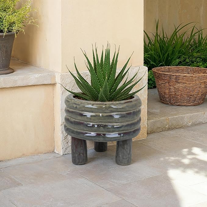 Garden Planter Decorative Turned Style Glossy Gray Ceramic 10 Inch
