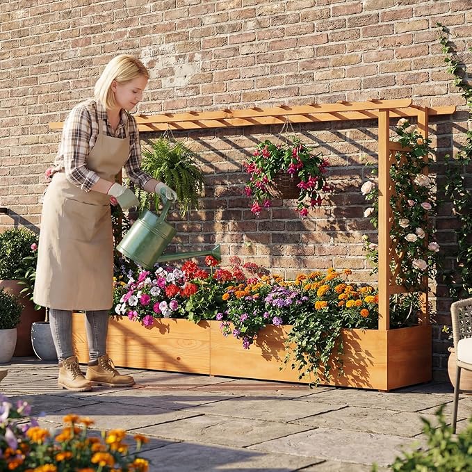 45-Inch Raised Garden Bed Wood Garden Freestanding Elevated Planter with Hanging Roof Drainage Holes for Vine Climbing Plants Flowers Planter Box with Trellis for Garden Patio Yard