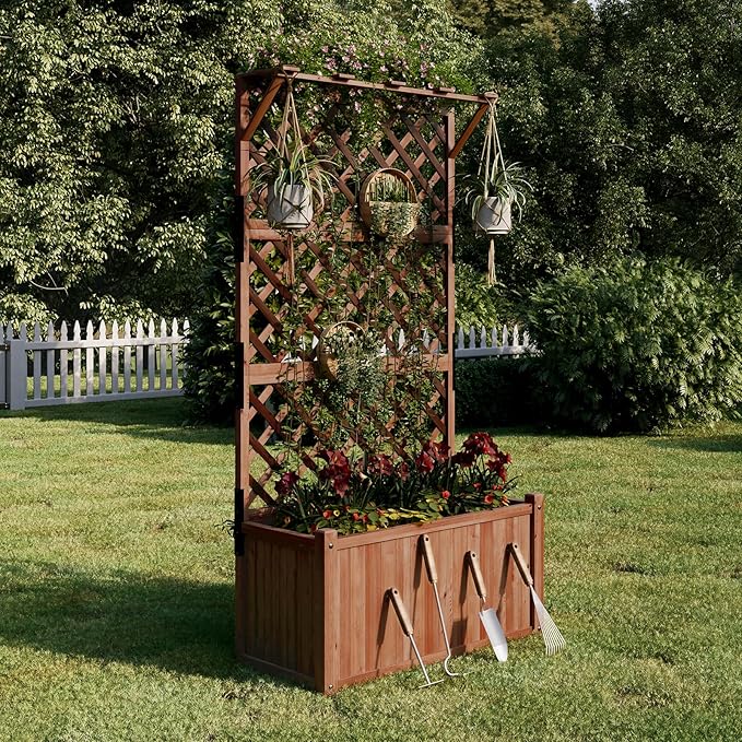SPECRAFT Wood Planter with Trellis 35.4x17.7x72 Inch Raised Garden Bed 1.6Ft Deep Large Planter Box for Outdoor Gardening Vegetables and Climbing Plants