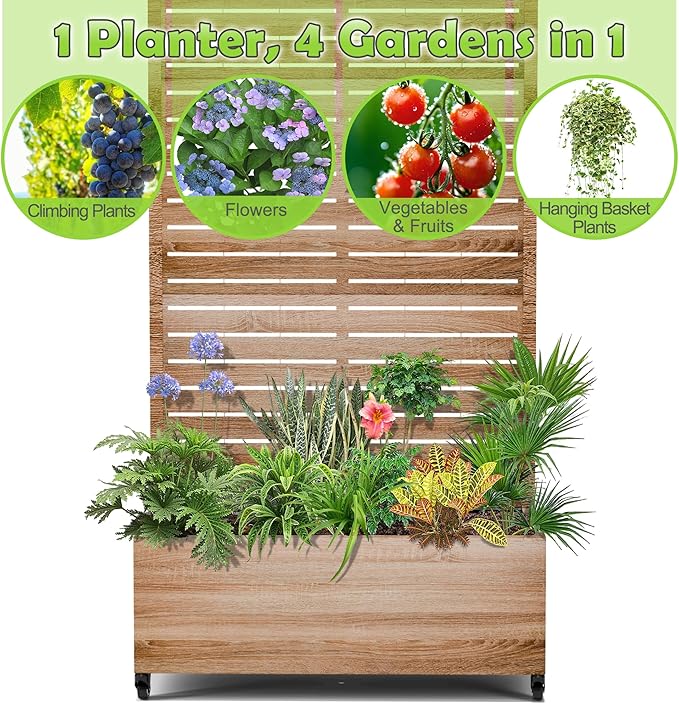 15.7×70.9×35.4 Metal Raised Garden Bed with Trellis and Wheels - Tall Trellis Planter Box for Climbing Plants Vegetables &amp Vines - Outdoor Privacy Planters for Patio (Cut Oak Grain)