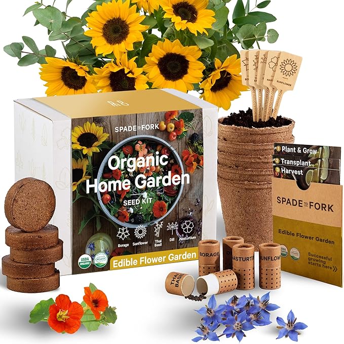 Organic Edible Flower Garden Seed Kit - 23pc Indoor Garden with Soil Pots Plant Markers USDA Organic Non-GMO Seeds &amp Illustrated Instructions - Sunflower Borage Thai Basil Dill Nasturtium