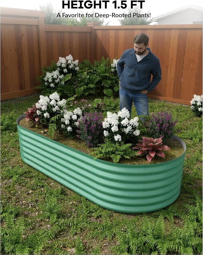 8x4x1.5ft Galvanized Steel Raised Garden Bed - Heavy-Duty Oval Planter Box for Vegetables/Herbs/Flowers Corrosion-Resistant Outdoor Gardening Kit with Quick Assembly (Backyard/Patio/Green)