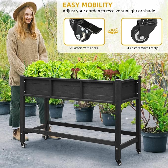 DWVO 47x18x31in Raised Garden Bed HDPE Weather-Resistant Poly Wood Planter Box Stand Planter Box with Legs &amp Lockable Wheels Elevated Garden Bed for Backyard Patio Balcony - Black