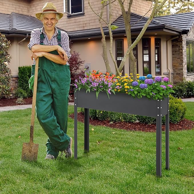 MAT EXPERT Raised Garden Bed 31.5’’ Elevated Metal Planter Box Stand w/Drainage Hole Outdoor Indoor Plant Container for Vegetable Flower Herb Fruit Standing Raised Bed for Backyard (Black)
