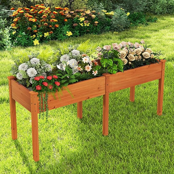 Raised Garden Bed with Legs Elevated Planter Box with Divider &amp 8 Drainage Holes Fir Wood Garden Box for Vegetables Flowers Fruits &amp Herbs (Brown Yellow)