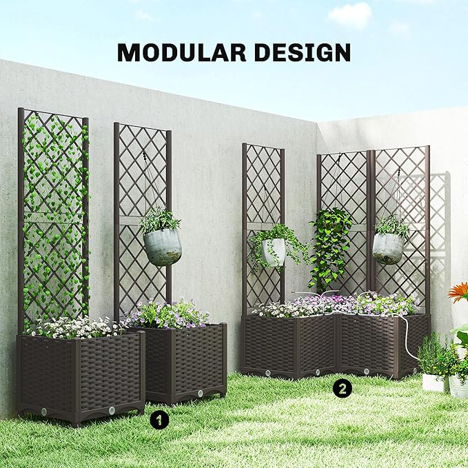 Outsunny 3PCS Plastic Planter Box with Trellis Self-Watering Raised Garden Bed with Trellis and Automatic Watering Timer Kit Outdoor Raised Planter with Drainage Holes Plugs and Water Reservoir