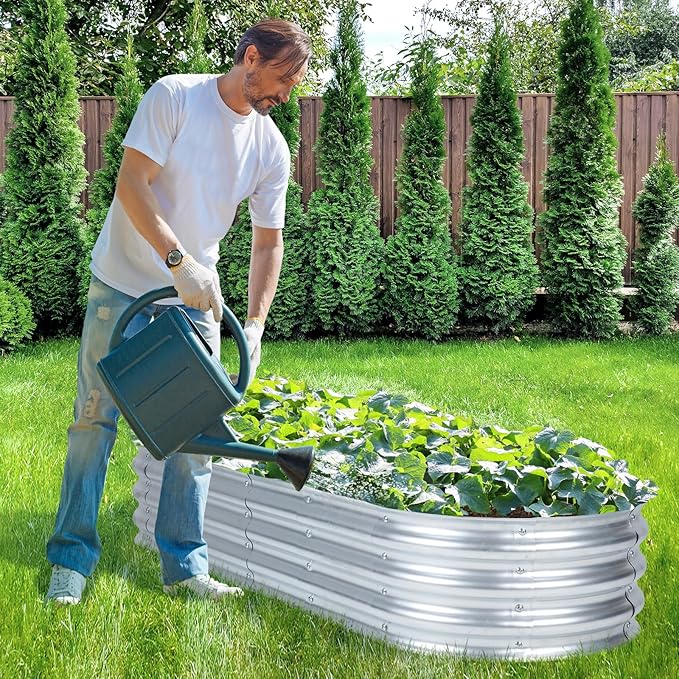 Aoodor Galvanized Raised Garden Bed Kit 6 x 2 x 1 Ft Oval Planter Boxes for Vegetables Flowers and Herbs Outdoor Use Silver