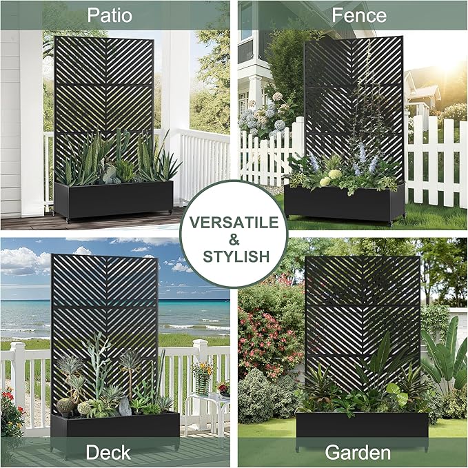 Large Metal Raised Garden Beds with Privacy Screen Standing Planter Box with Trellis &amp Wheels for Outdoor Climbing Plants Garden Boxes with Drainage Holes for Patio (47L Black Parallel)