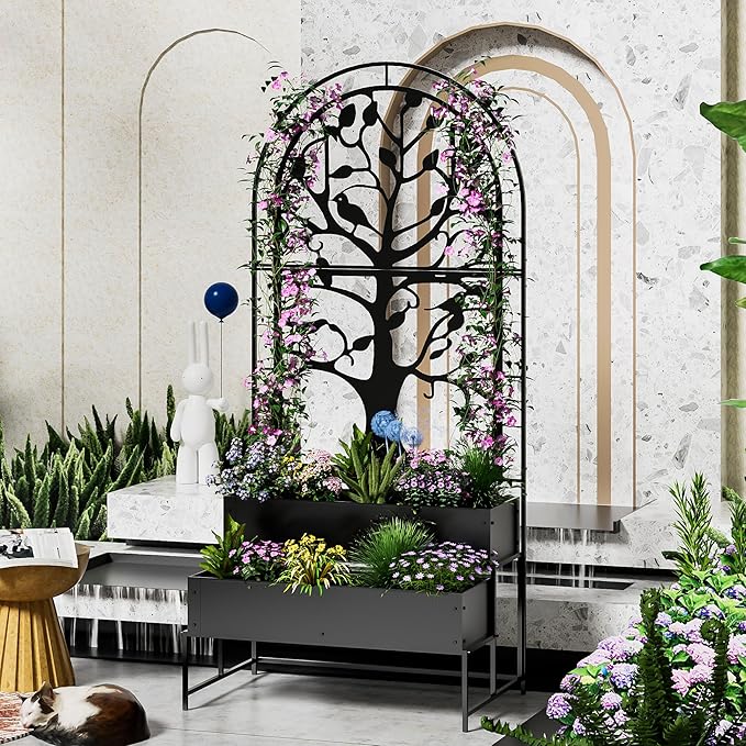 Arched Outdoor Planter Box with Trellis for Climbing Plants 2 Tiers Metal Privacy Planters for Patio Tall Raised Garden Bed with Legs for Vegetables Fruits Balcony 75.2 x 22 x 34.6 Inch Black