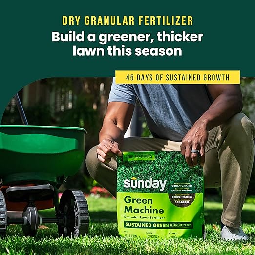 Sunday Green Machine Granular Lawn Fertilizer - 30-0-5 Mix for Up to 120 Days of Growth - Enriched with Potassium &amp Organic Matter for Soil Health &amp Extended Feeding - 12lbs - Covers Up to 40
