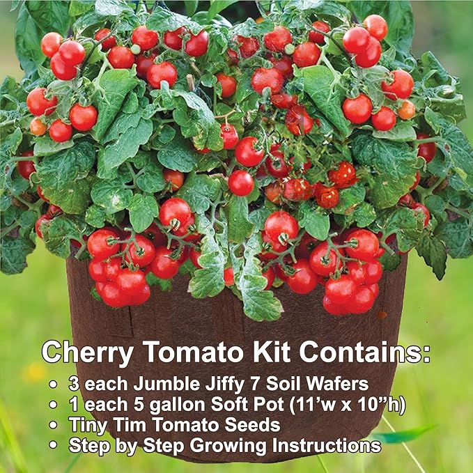MAUI MIKE'S - Indoor Cherry Tomato Seed Grow Kit- Jiffy 7's Starter Soil Wafers - 5 Gallon Soft Pot Grow Bag- Step by Step Instructions - Grows Indoors or Outdoors - Non GMO Seeds- Makes a Great Gift.