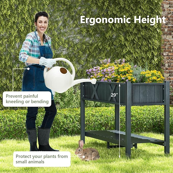 Raised Garden Bed with Legs 47 x 18 x 29 Inch Elevated Planter Box w/HIPS Frame Drainage Holes &amp Storage Shelf Standing Raised Planter for Flowers Herbs Outdoor Balcony Backyard (Black)